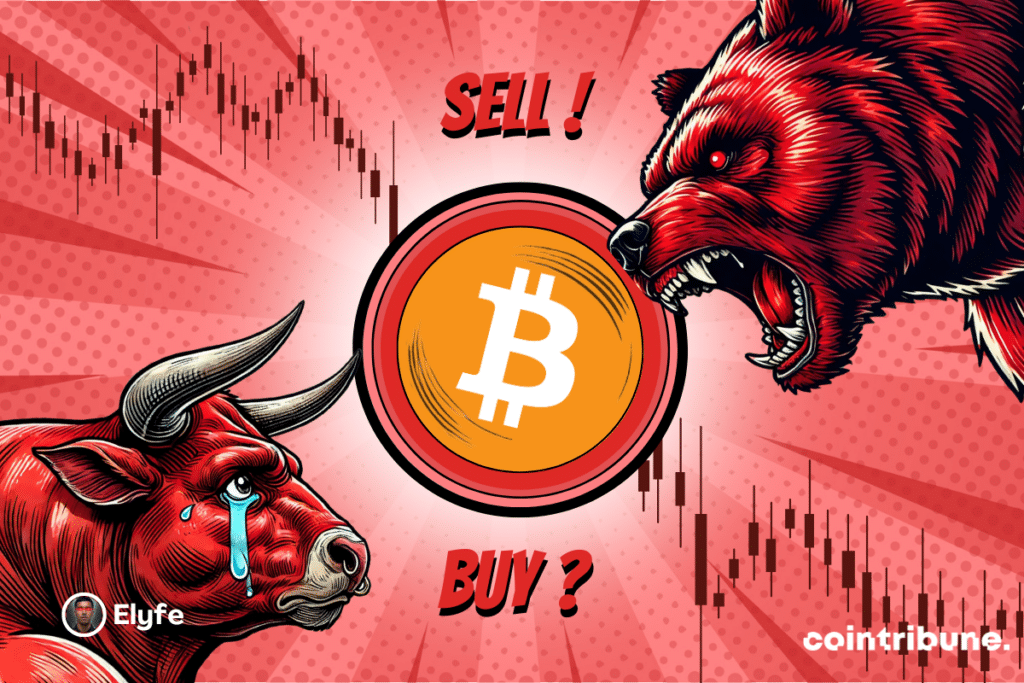 Bitcoin logo blue or red background with parts and others a bear and a blue bull with expressive eyes. In the background, a graph appears.