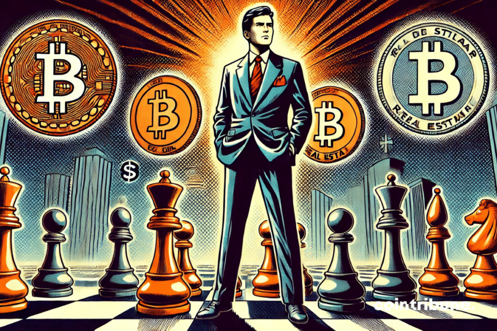 Robert Kiyosaki as a master strategist in front of a giant chessboard symbolizing Bitcoin, the dollar and real estate. The image perfectly captures the strategic aspect and financial reflection!