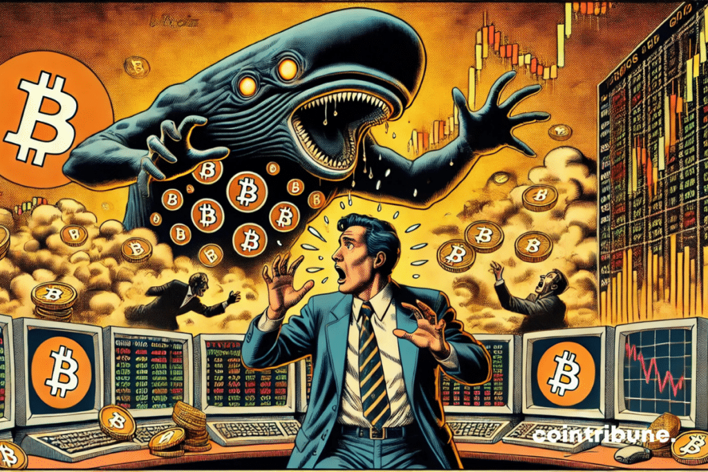 The contrast between the panic of the trader and the strategic calm of the giant silhouette taking advantage of the fall of the bitcoin