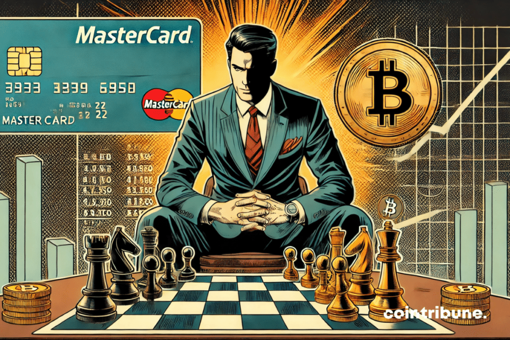 A leader in front of a chessboard mixing classic pieces and crypto tokens.