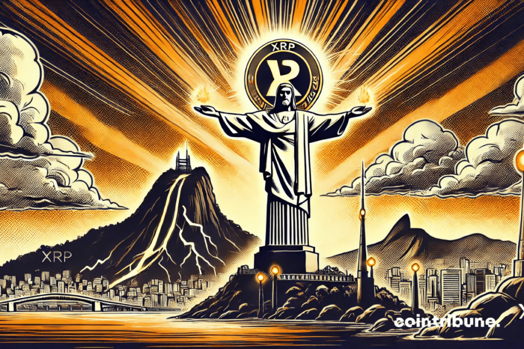 Christ redeemer with a slight smile, his arms positioned to highlight the XRP crypto.