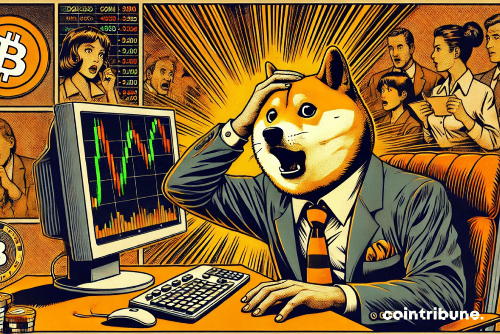 An anthropomorphic trader Dogecoin in full panic in front of the fall of the crypto market!