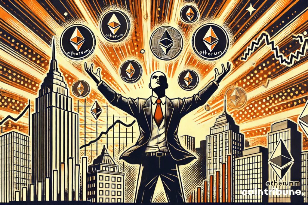 Crypto: the euphoria of the market with a man in a suit raising his arms in a rain of Ethereum tokens.