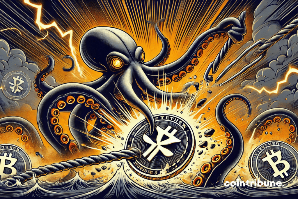 A gigantic octopus representing the Crypto Kraken Exchange clearly cutting the link with Tether