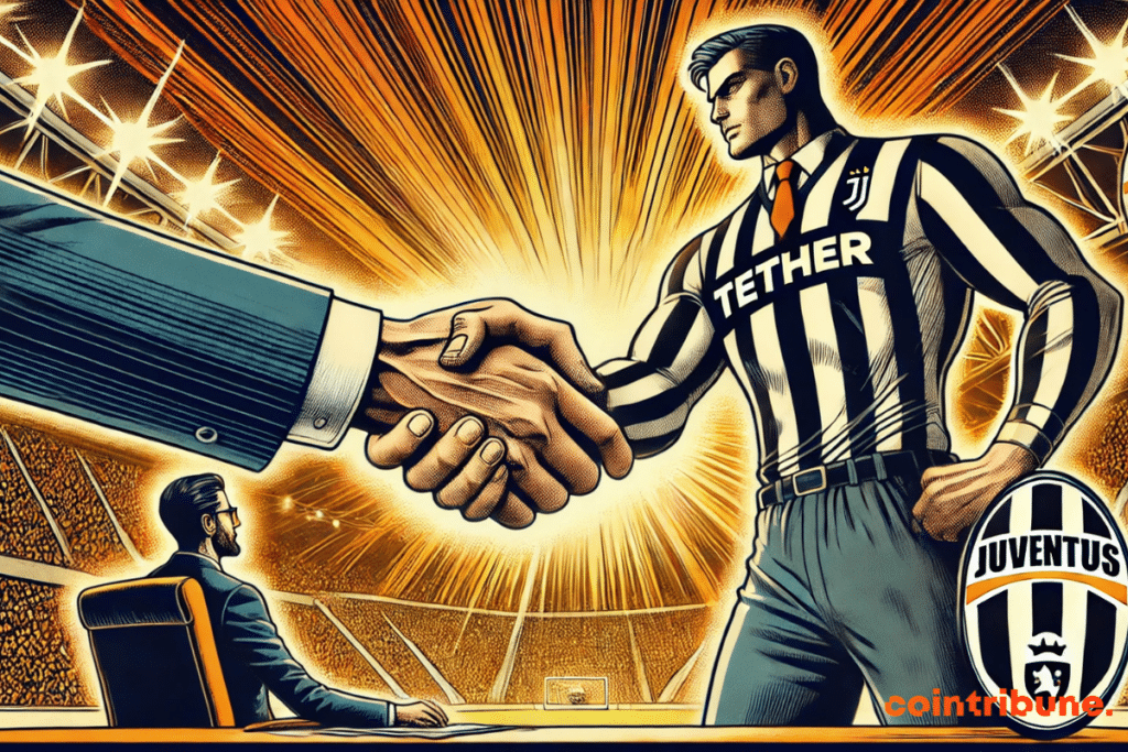 In close -up, a firm handshake between the Crypto Tether company and a football player in Juventus outfit