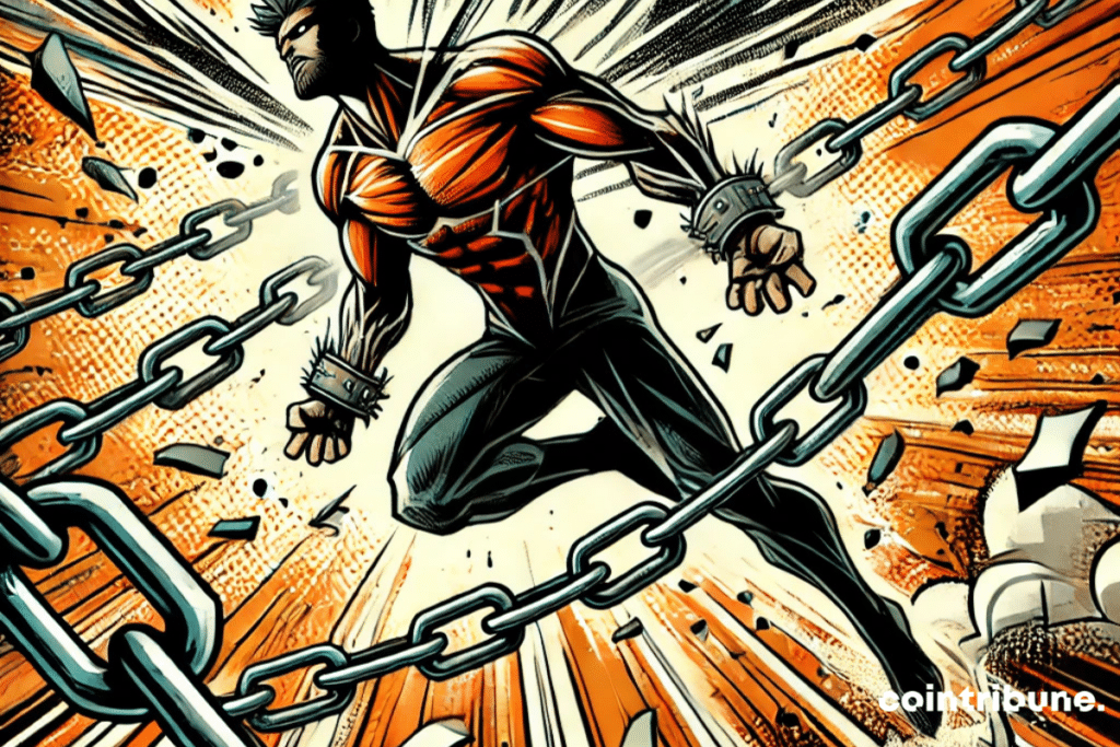 A hero his chains with force symbolizing freedom in the crypto universe.