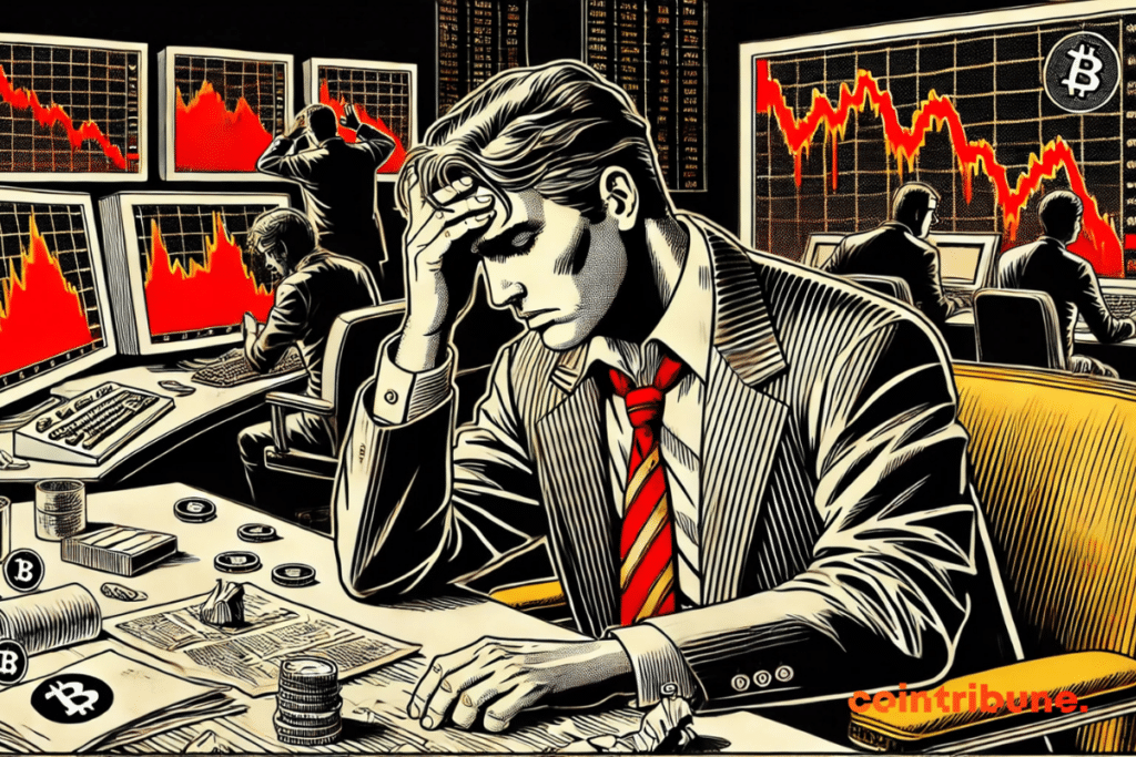 The dramatic atmosphere of the crypto krach (Bitcoin and Altcoins) with an anxious trader