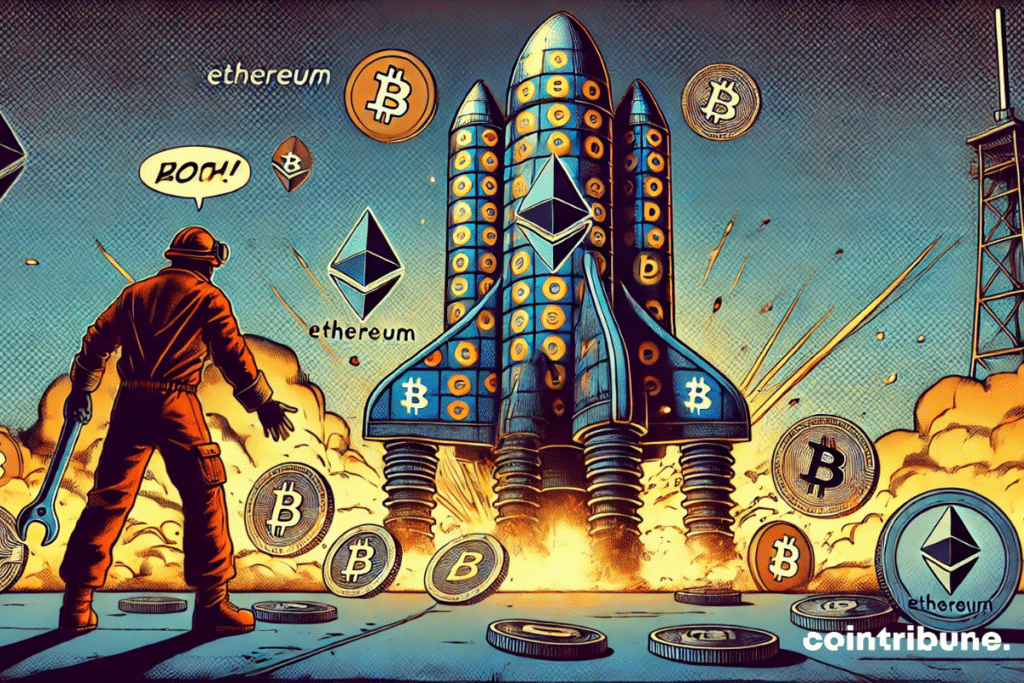 A rocket decorated with crypto symbols (Ethereum, Solana ...) tries to take off but remains nailed to the ground.