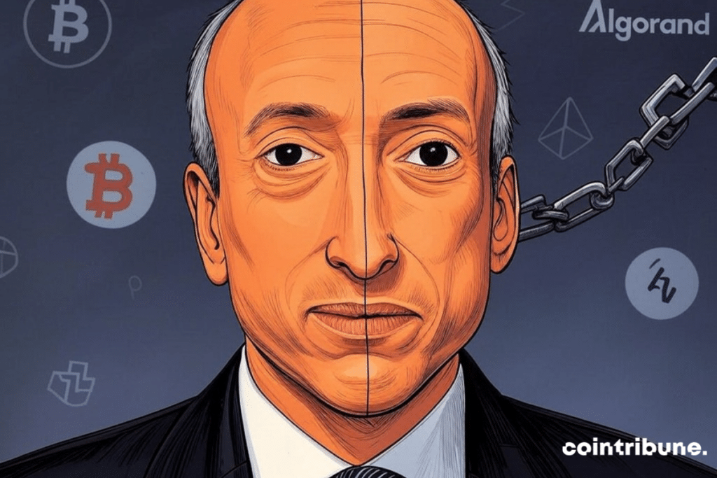 Portrait of Gary Gensler and Cryptos logos