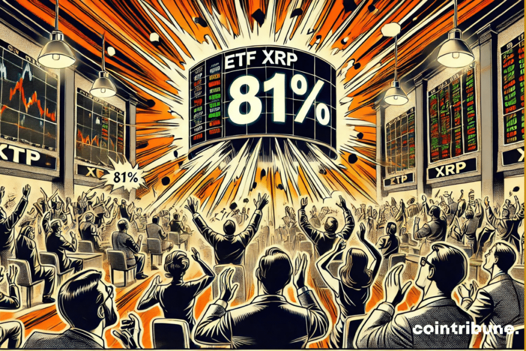 Crypto: the trading room in full swing, with the screens displaying "81 %" and the palpable excitement of traders which symbolizes the request for approval of an XRP ETF.
