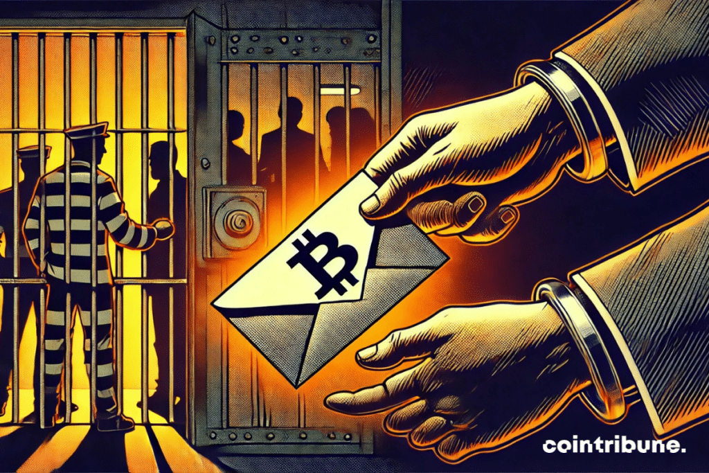 A pro Crypto prisoner sliding an envelope under a metal door, with a strong contrast and a secret atmosphere.