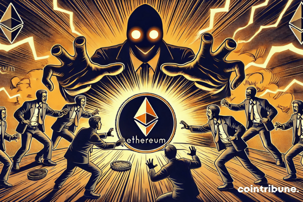 Crypto: Ethereum surrounded by threatening hedge funds, with dramatic tension accentuated by lighting and shadows. The energy around the piece symbolizes its resistance in the face of attacks.