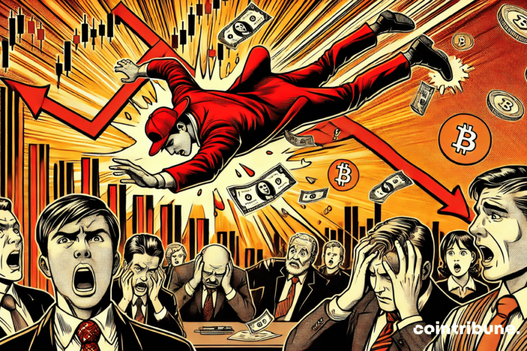 Crypto: the spectacular fall of a character with red cap, symbolizing the financial collapse, under the shocked look of investors, which symbolizes the collapse of the same Trump.
