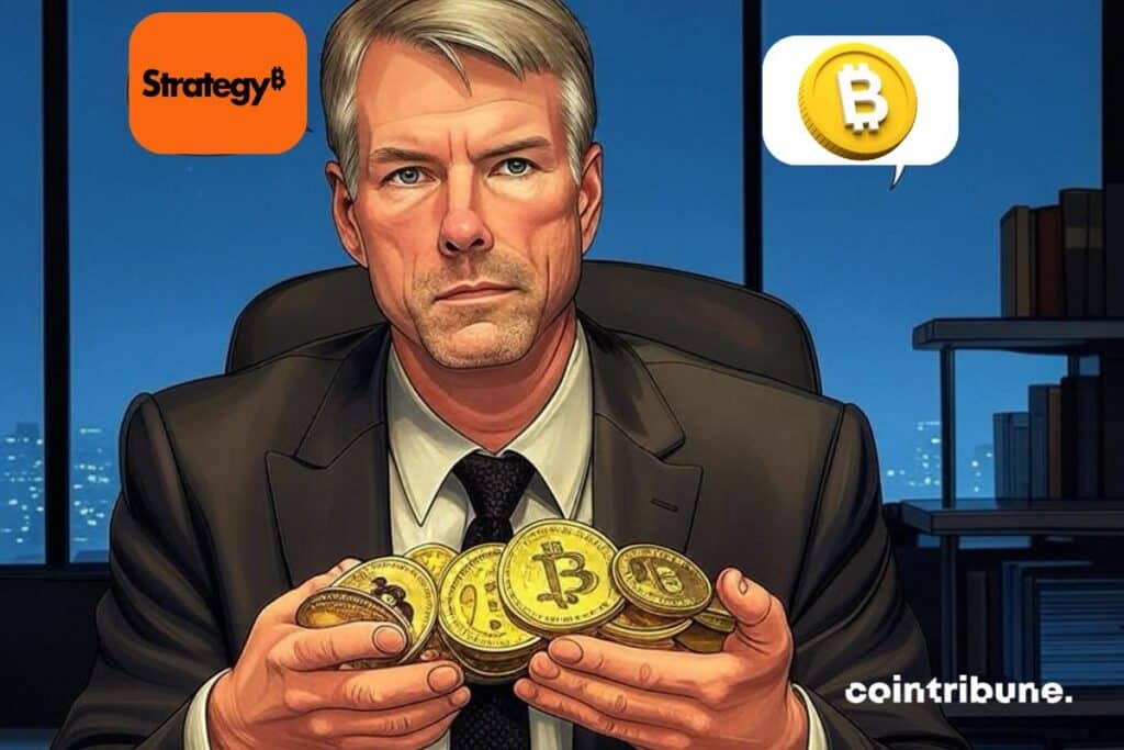 Michael Saylor, CEO of Strategy with a pile of bitcoin