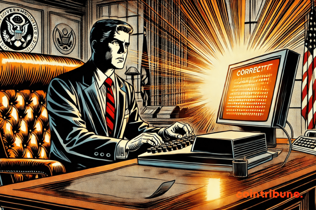 DOGE: A senior American civil servant (Musk), anxious, correcting information on his computer in a serious and institutional atmosphere.