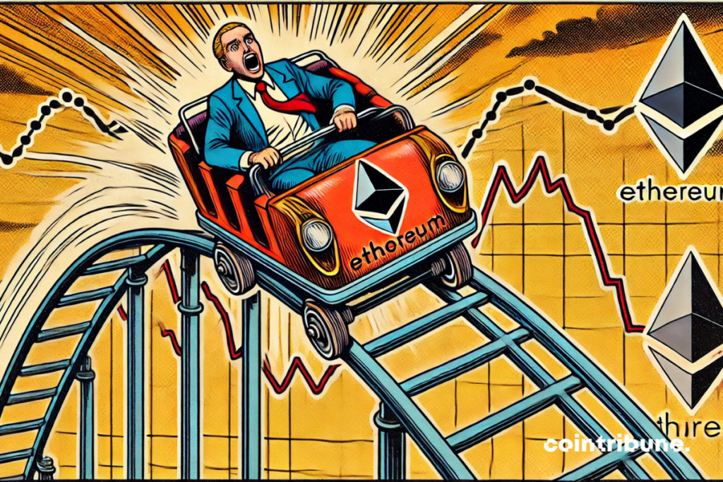 Crypto: Ethereum tumbling down like a wagon of roller coaster, with a panicked investor.