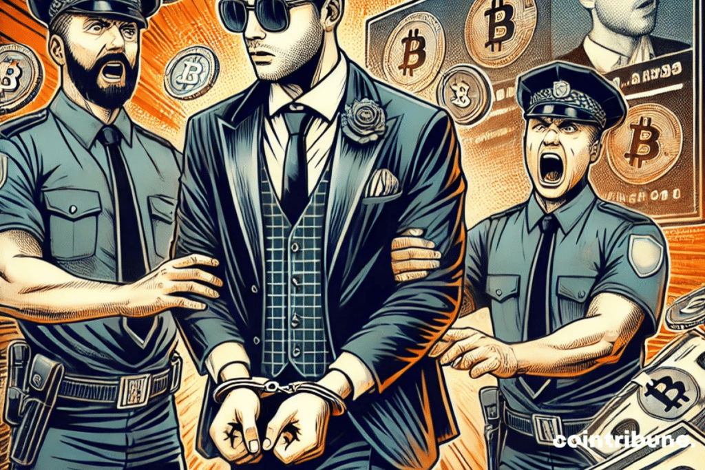 A crypto scamper being arrested by the police.