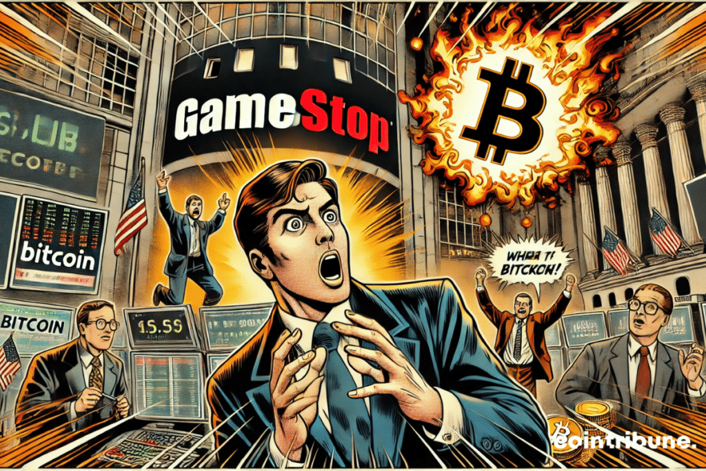 Trader in shock watching a giant screen displaying Gamesop and Bitcoin logos