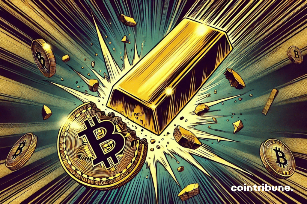 A golden branch crashes on a piece of bitcoin, breaking it into pieces, symbolizing the domination of the precious metal over the cryptocurrency.