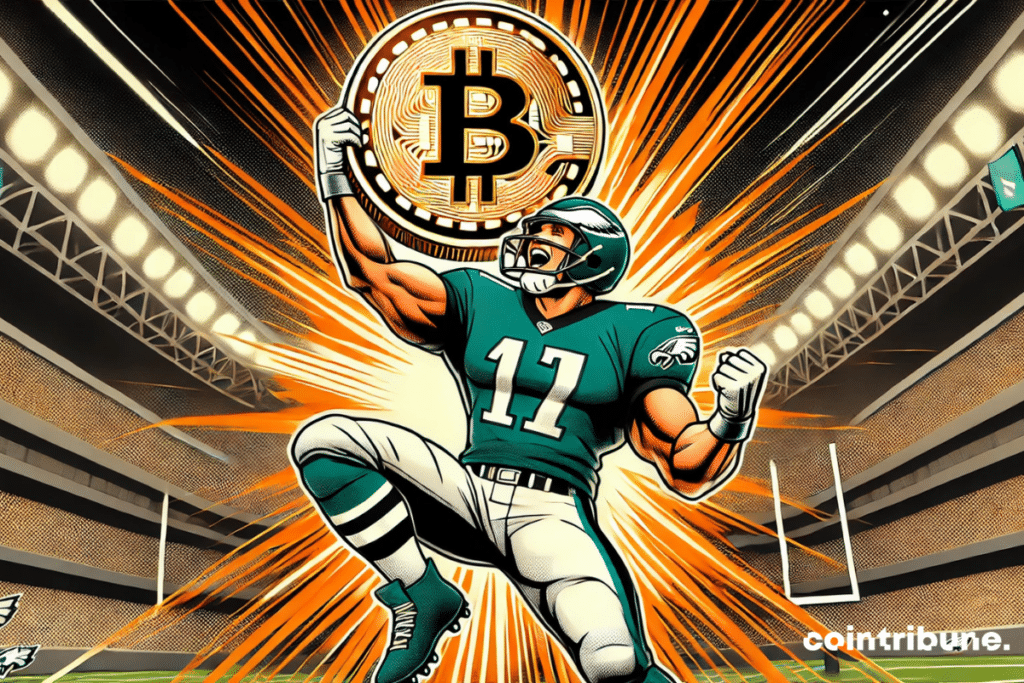 American super bowl player holding a giant crypto room