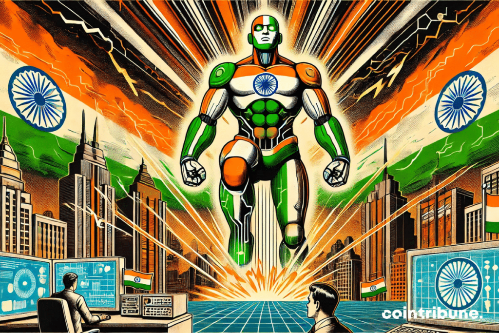 A giant robot in the colors of India rising above a futuristic city, surrounded by lightning of energy and light circuits. Scientists proudly observe this technological advance, symbolizing the entry of India into AI with ambition.