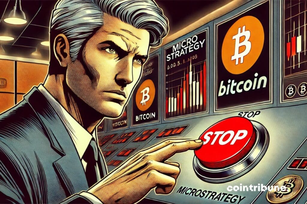 Michael Saylor who presses a large Red Stop button on Bitcoin
