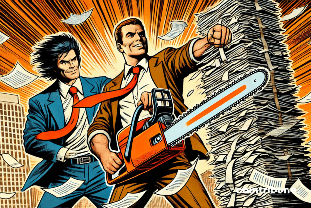 A character inspired by Milei hands an orange chainsaw in Musk