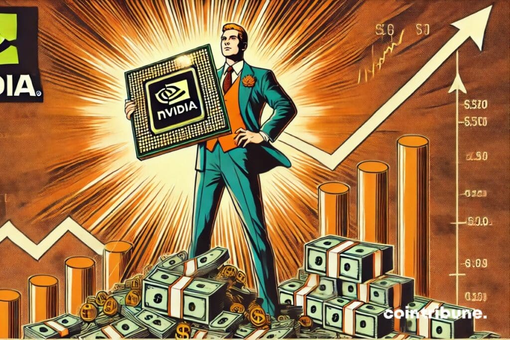 An official of Nvidia brandished a golden chip representing the explosion of profits thanks to the ia fleas