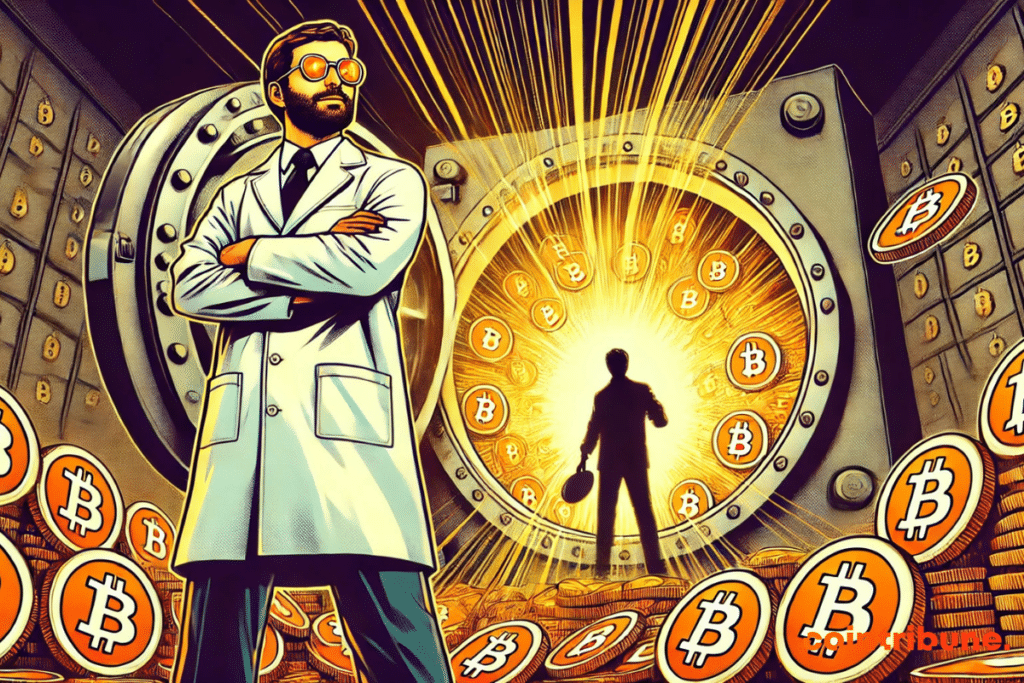 A doctor looks at his safe filled with bitcoin