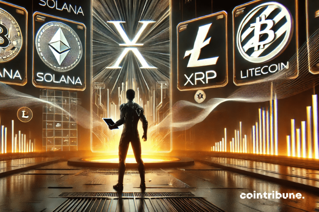 Traders contemplating signs with XRP logos, Litecoin, Bitcoin, Ethereum