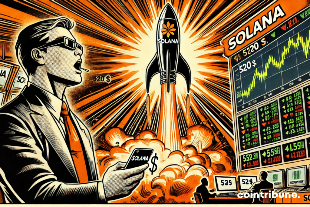 Crypto: Solana's meteoric ascent at $ 520! 🔥 The dynamism and the orange and black palette highlight the explosion of the price.