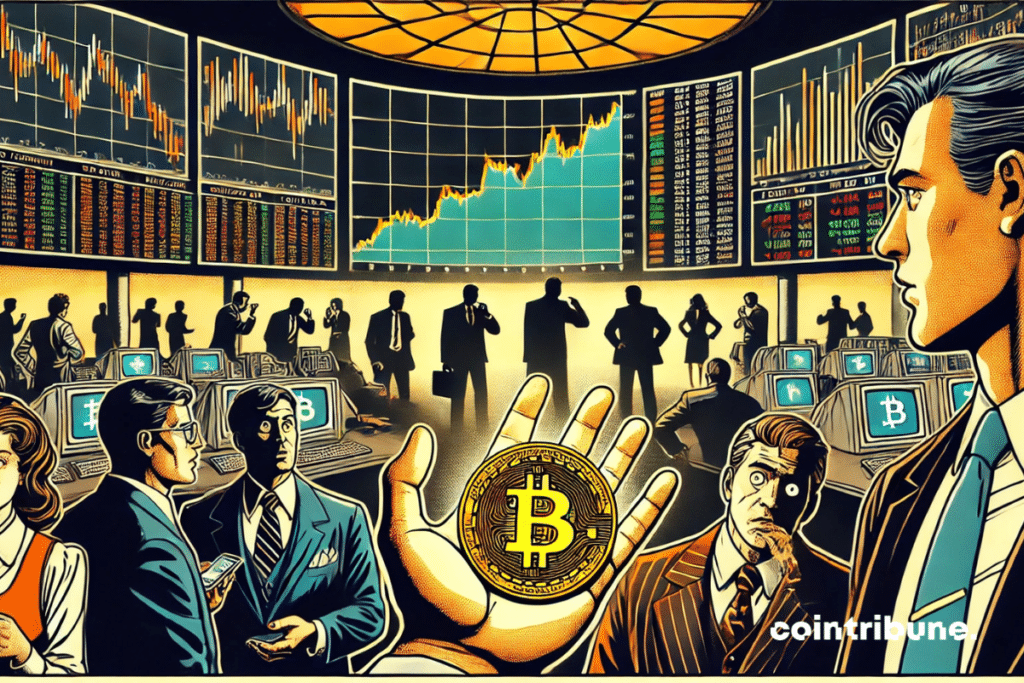 The tension linked to the American debt is palpable on the parquet floor of the market room, with worried traders and a hesitant man with a bitcoin in hand.