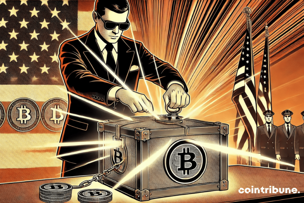 A man in a dark suit and sunglasses opens a locked safe decorated with Bitcoin symbol, against a background of American flags and coins in Bitcoin.