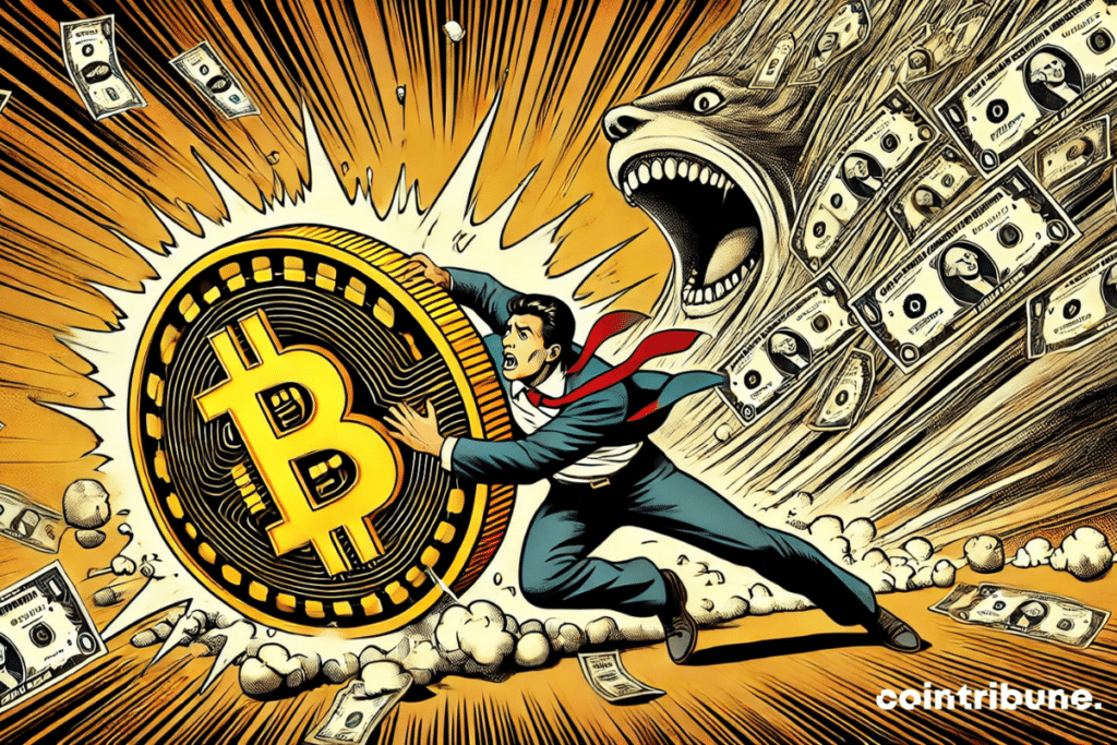 A piece of bitcoin pushed against a wall by a gigantic wave of dollars tickets