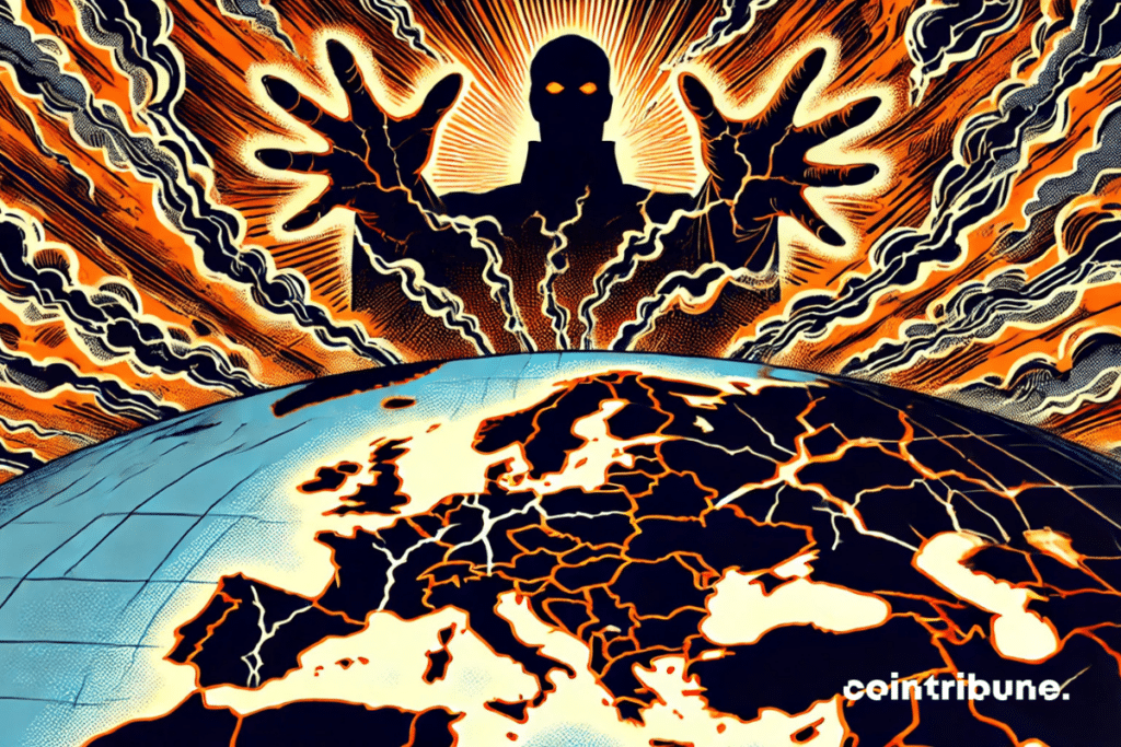 A threatening silhouette projects lightning over a cracked Europe map, illustrating an imminent crisis.