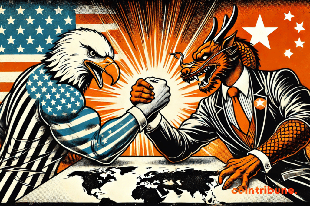 BRICS: An epic showdown between an anthropomorphic eagle representing the USA of Trump and an anthropomorphic dragon embodying China, each dressed in the colors of their respective flag.