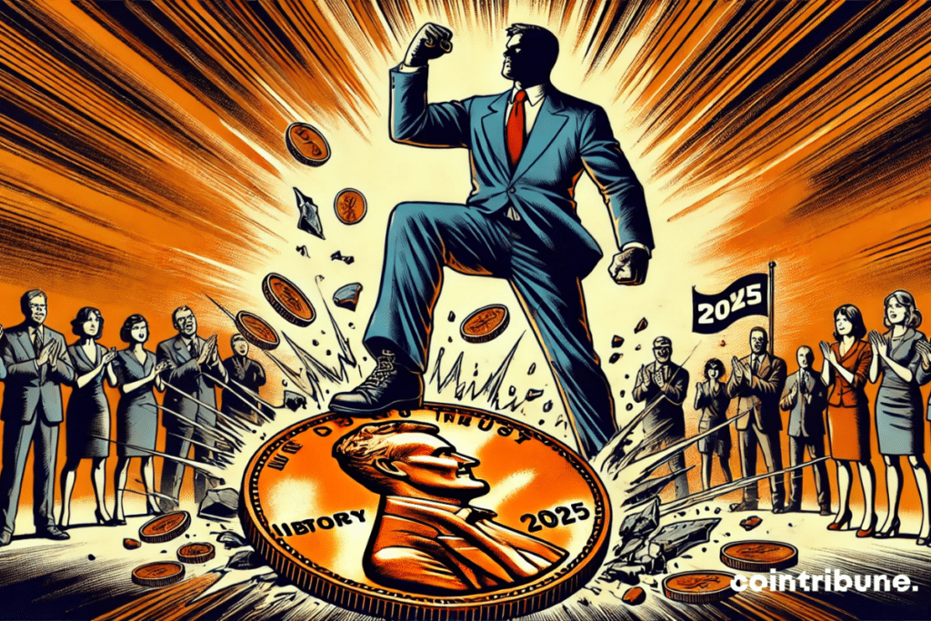 An imposing businessman crushing a giant Penny, with a crowd divided into the background which symbolizes Trump's decision.