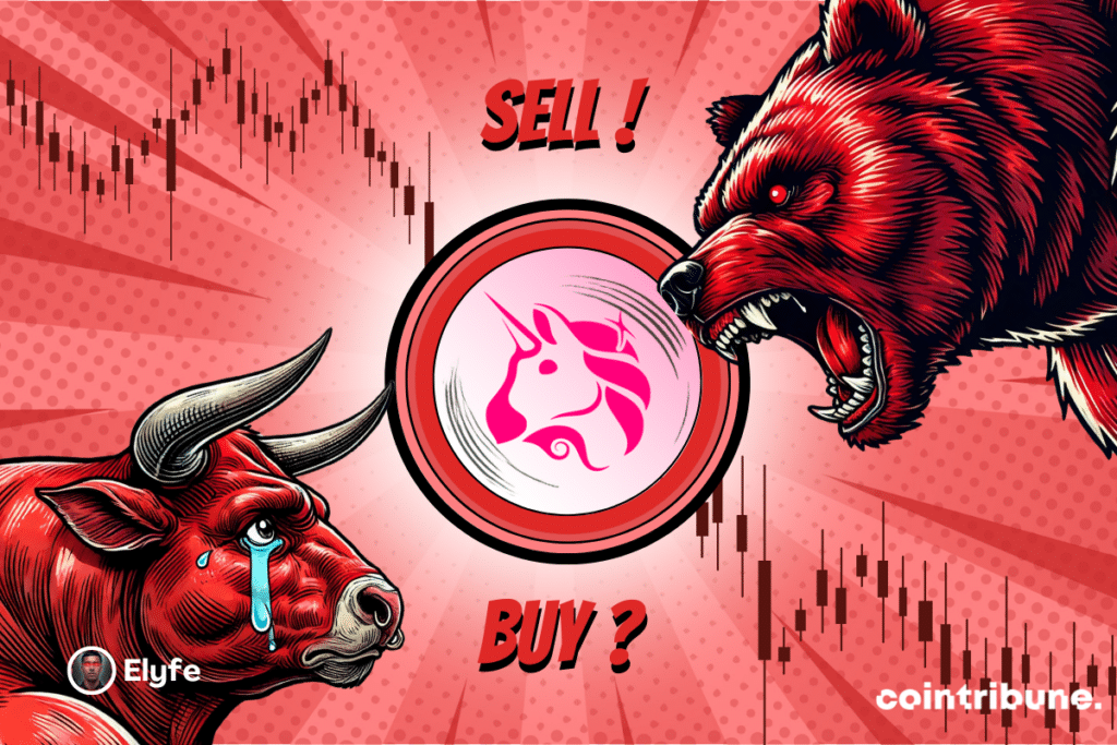 UNISWAP LOGO Blue or red background with parts and others a bear and a blue bull with expressive eyes. In the background, a graph appears.