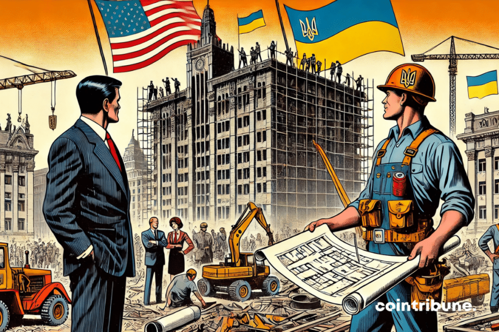 Reconstruction in Ukraine, with engineers and investors from the United States observing the work under the American and Ukrainian flags.