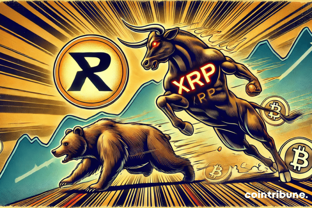 A bull carrying XRP in full ascent, while a bear falls by holding Bitcoin