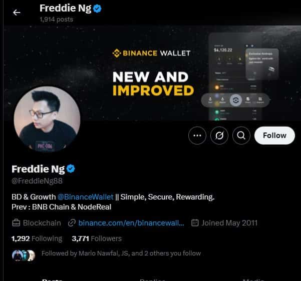 Profile on X of the suspect, a certain Freddie NG, who would have just joined Binance Wallet a month ago, after working on BNB Chain.