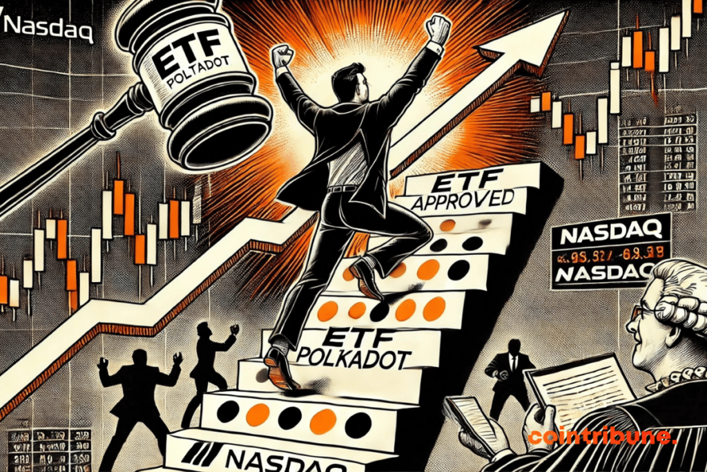 A trader climbing a bullish graphic staircase, reaching the summit in which the symbolic approval of the ETF Crypto Polkadot awaits it