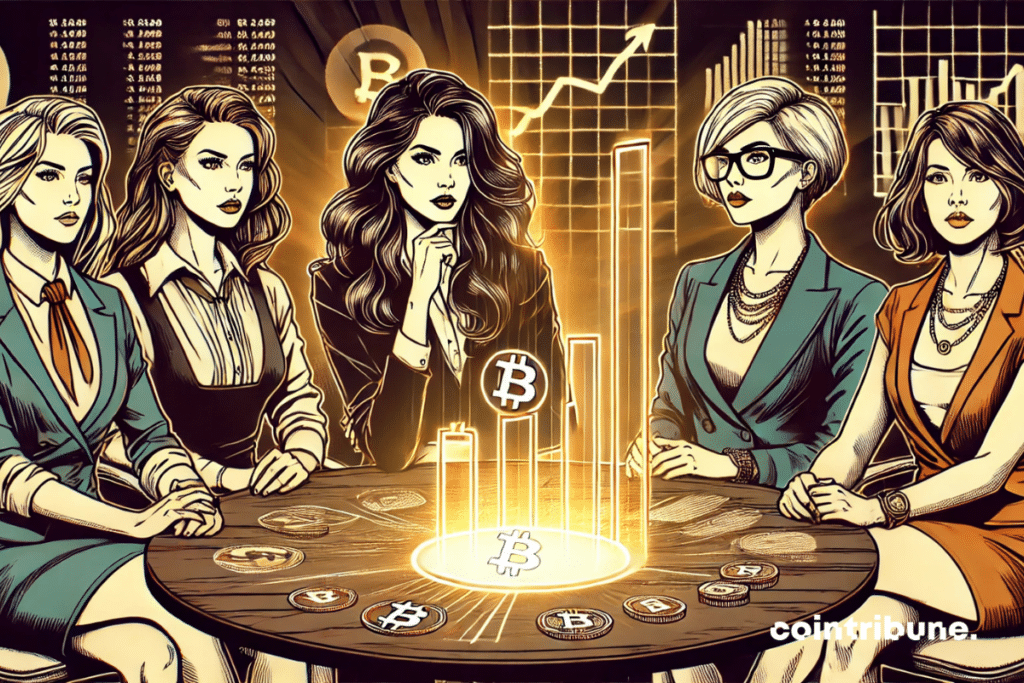 A group of women investors in crypto analyzing a holographic graphic.