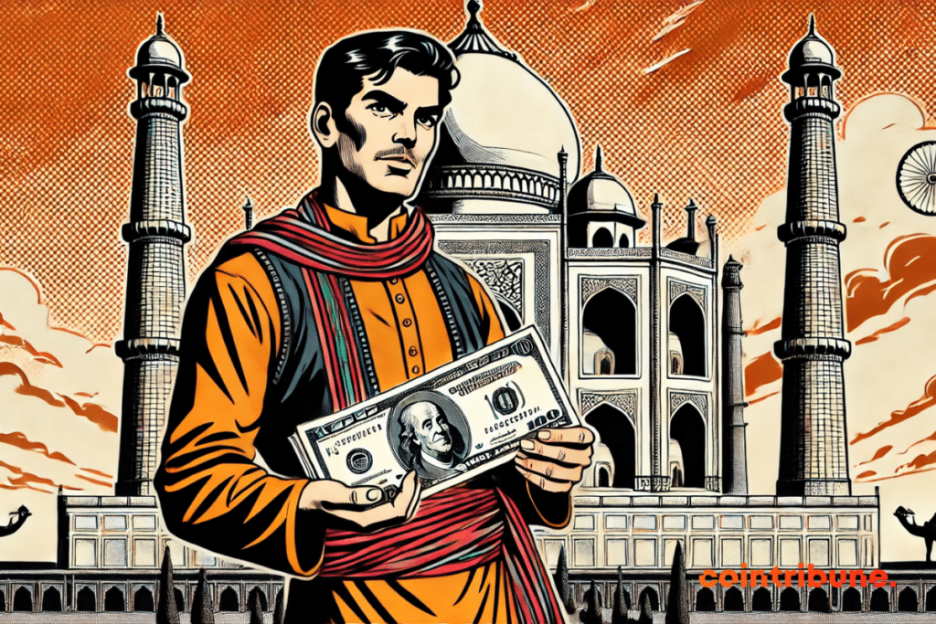 A character in traditional unit of India stands in front of the Taj Mahal, holding a dollar note with a thoughtful expression.