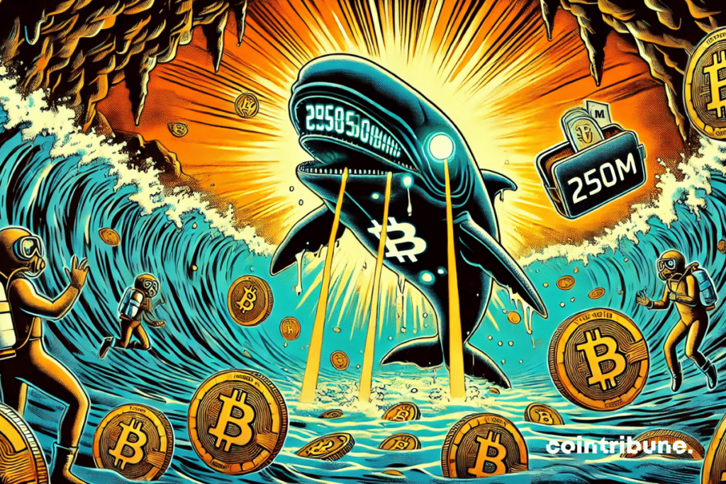 A huge half-robotic, half-organic style, with shiny white eyes, emerges from a bed of rooms with Bitcoin logos