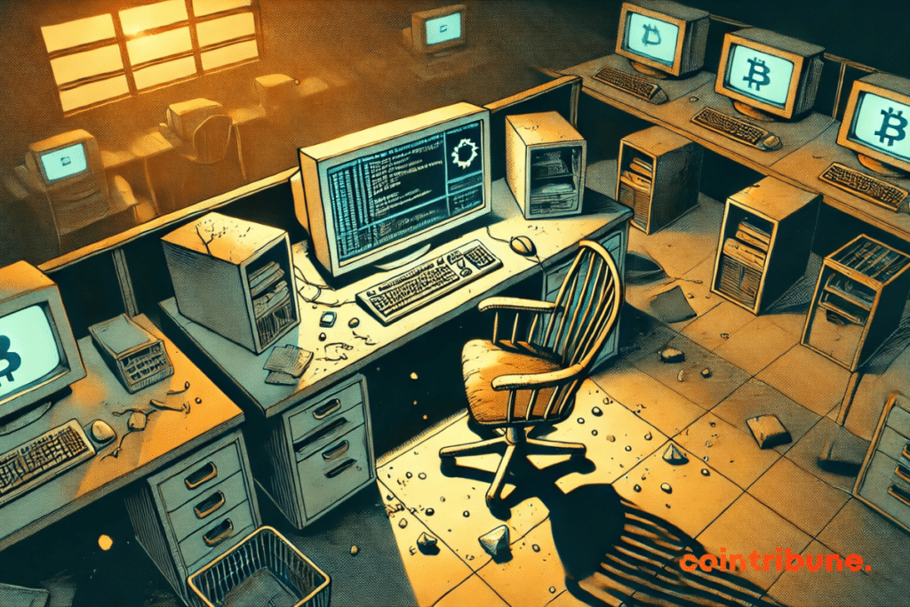 Illustration of an abandoned developer desk with a screen displaying a broken blockchain.