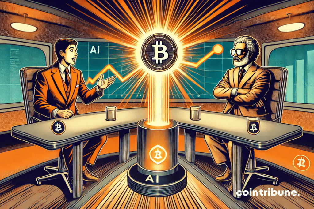 Two crypto experts fiercely debate a luminous token in a retro studio
