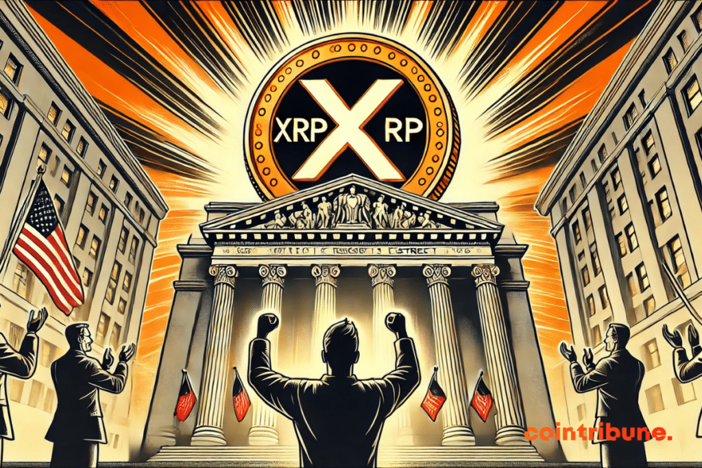 A piece of the imposing Ripple Crypto XRP in front of a seal of light approval, with an investor celebrating the news.