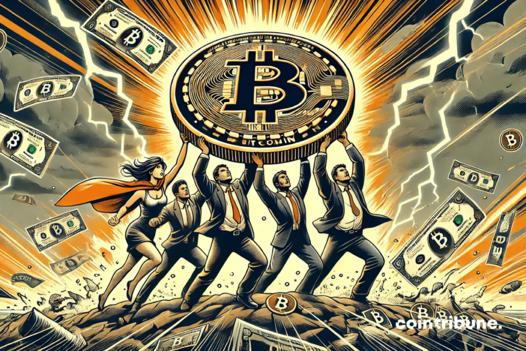 A group of characters who like traders or investors firmly holds a huge piece of Bitcoin, like a shield, facing a storm of flying tickets and lightning.
