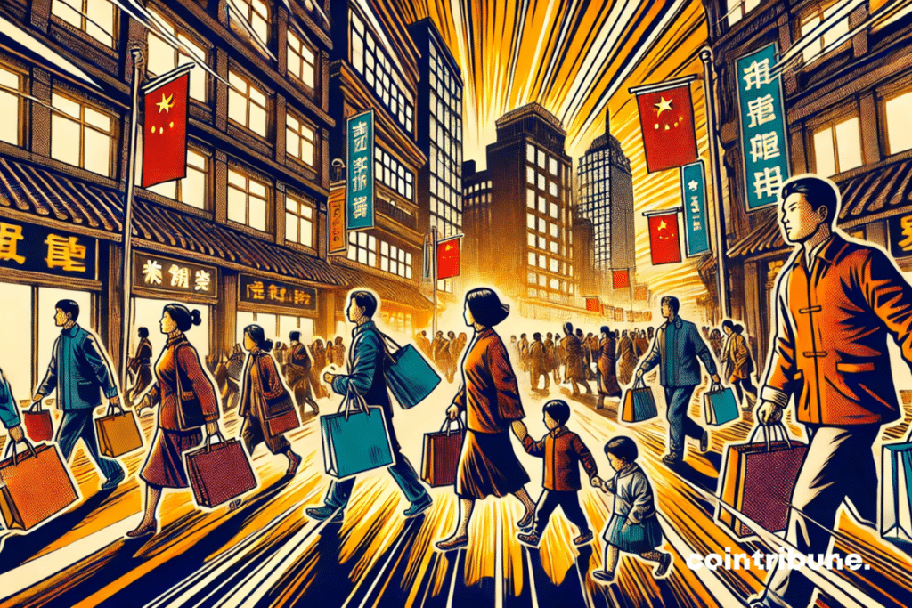 Chinese families smiling holding shopping bags filled in the city of Beijing